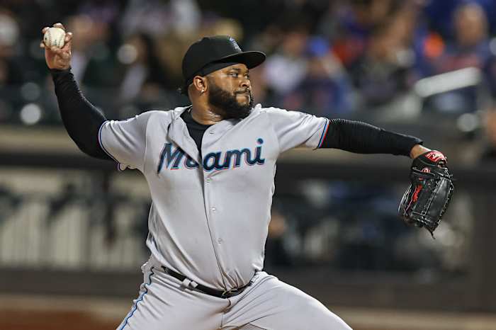 Sep 27, 2023; New York, NY, USA; Miami Marlins starting pitcher Johnny Cueto (47) delivers a pitch during the first inning against the New York Mets at Citi Field.